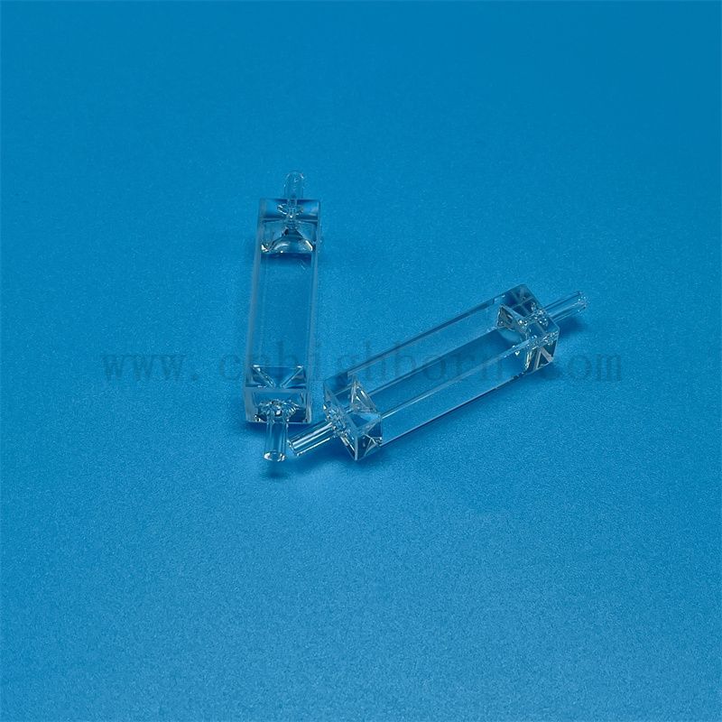 Niestandardowy wysoki precyzyjnie przezroczysty kwarc szklany kuwetka optyczna komórka przepływowa dla środowiska z rurą łączącą
