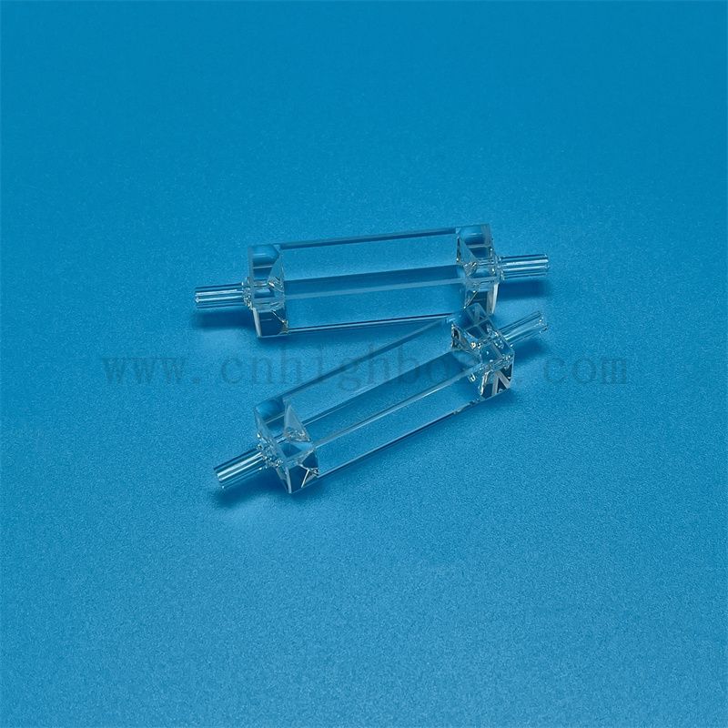 Niestandardowy wysoki precyzyjnie przezroczysty kwarc szklany kuwetka optyczna komórka przepływowa dla środowiska z rurą łączącą